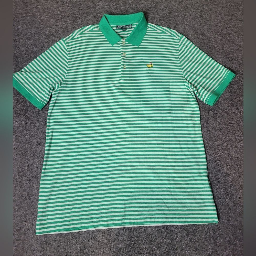 Masters Collection Men's Golf Polo Shirt Size L Green White Striped Short Sleeve